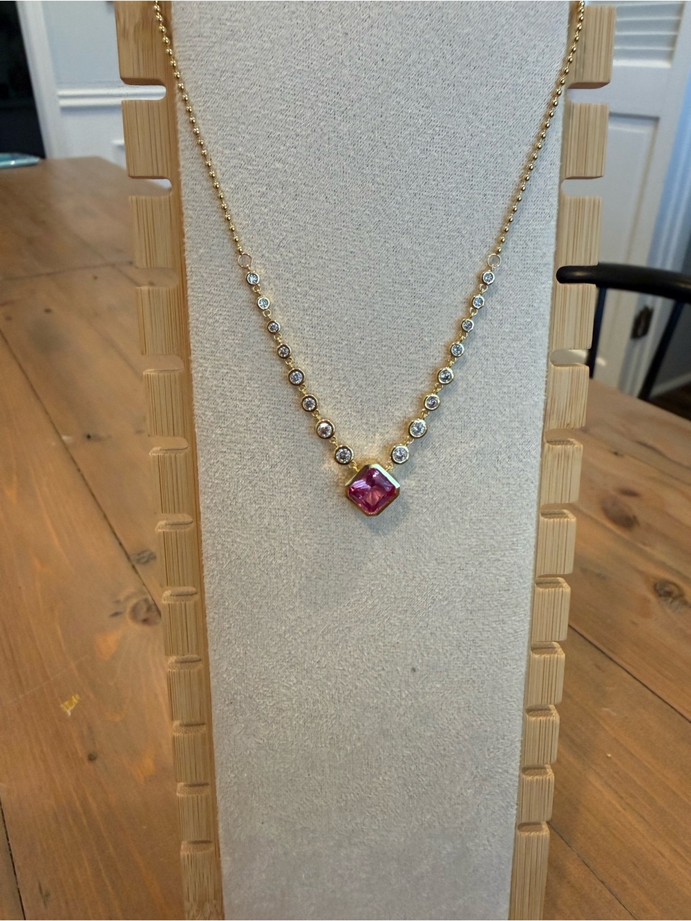 Adina Eden Gold Necklace with Pink Square Gem and Clear Accents